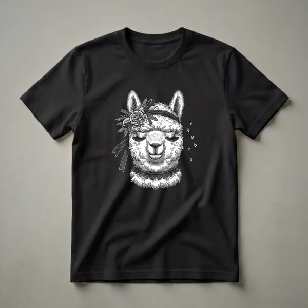 Black and white graphic t-shirt featuring an alpaca's face wearing a floral headband with a rose and ribbon, and a decorative collar, with small hearts floating around.