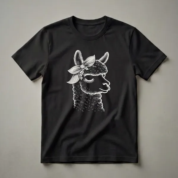 Black t-shirt with a white scratchboard-style illustration of an alpaca's head wearing a bow and flowers.