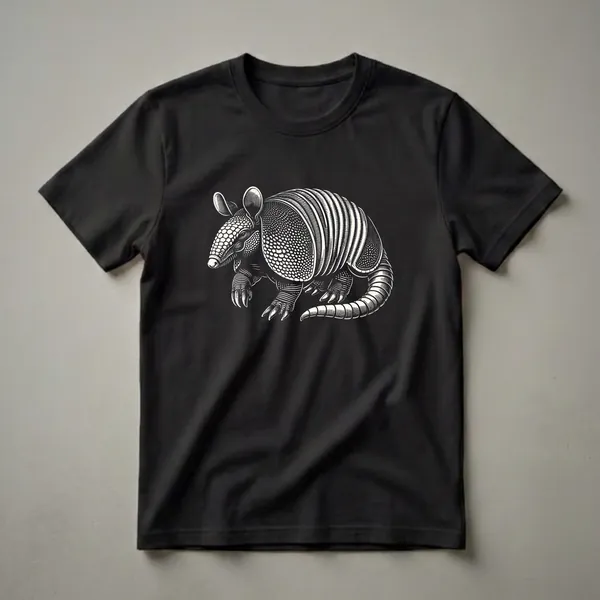 Black and white vintage armadillo graphic art illustration on a t-shirt, showcasing detailed woodcut style.