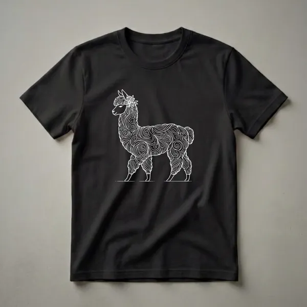 White line art illustration of an alpaca wearing a flower crown, standing on a black background.