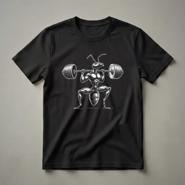 Black and white graphic t-shirt featuring a muscular ant in the process of performing a barbell squat, with heavily detailed muscles and antennae.