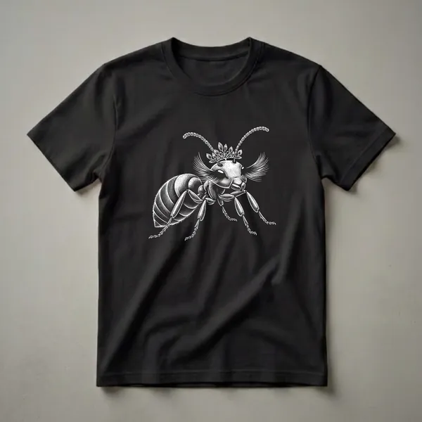 Black and white graphic t-shirt featuring a detailed illustration of an ant wearing a crown and ornate headpiece against a black background.