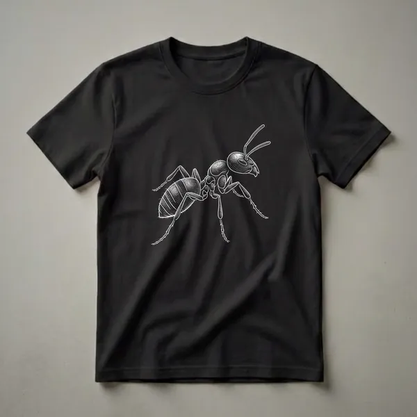 A white t-shirt featuring a detailed, vintage-style line drawing of an ant in black outline, showcasing its body segments, antennae, and legs.