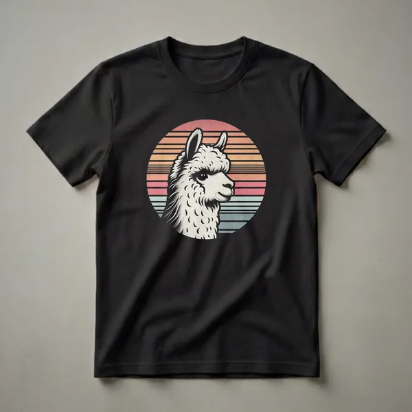 A white alpaca head in profile is depicted against a retro sunset with horizontal stripes of peach, orange, pink, and teal. The graphic tee has a vintage, textured look.