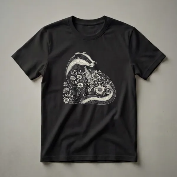 Black graphic t-shirt featuring a linocut-style illustration of a badger with white and cream flowers and leaves integrated into its body, set against a black background.