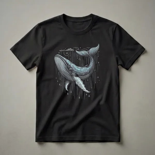 White graphic t-shirt featuring a blue whale illustration in a rain shower, with textured blue and silver fill, stylized clouds, and falling raindrops.
