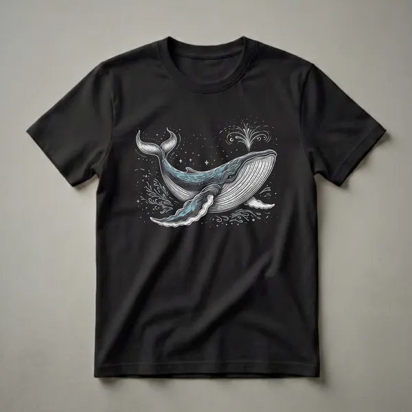 Black t-shirt featuring a vintage-style illustration of a blue whale breaching, with a spray of water and a starry night sky background.