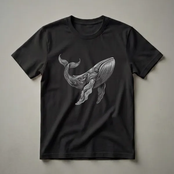 Black t-shirt with a white line art illustration of a humpback whale, showcasing intricate details and flowing lines.