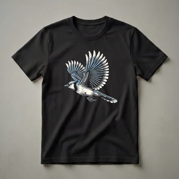 A vintage-style graphic t-shirt featuring a blue jay bird in mid-flight, rendered in shades of blue, white, and black against a solid black background.