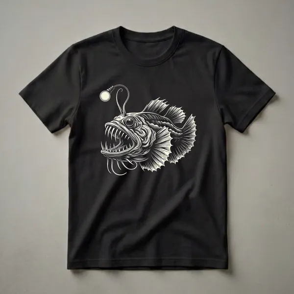 Cream-colored engraving-style illustration of a deep-sea anglerfish with a glowing lure and sharp teeth, set against a black background.