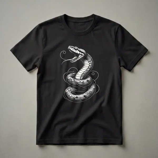 Black t-shirt with a white stipple-art boa constrictor coiled and rearing with open mouth and extended tongue.