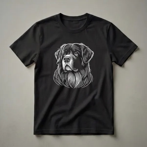 Black t-shirt with a white line art portrait of a Borador dog's head, showing its fur texture and gentle eyes.