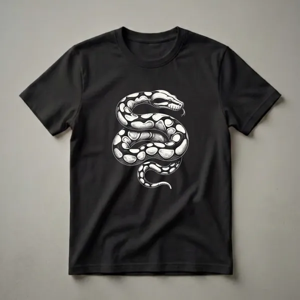 Black and white graphic t-shirt featuring a coiled boa constrictor snake with detailed scales and shading against a black background.