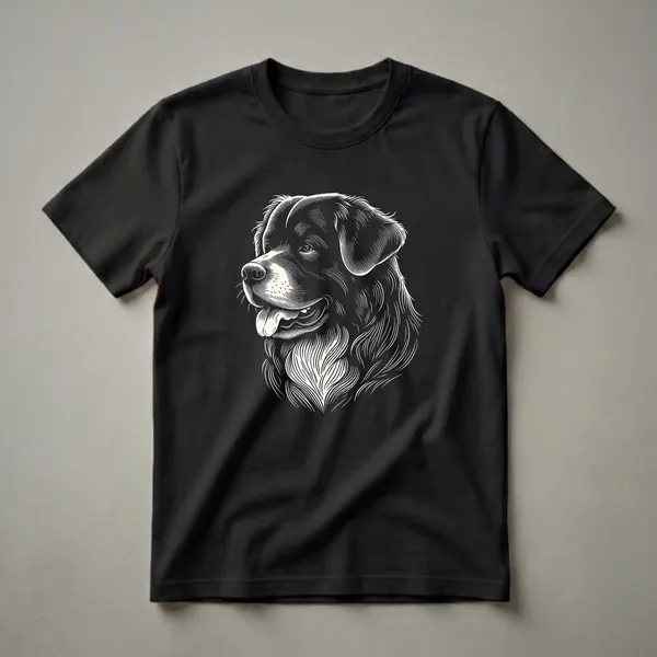 Black and white scratchboard art of a Borador dog's head, showing its face in profile with its tongue slightly out, on a black background.