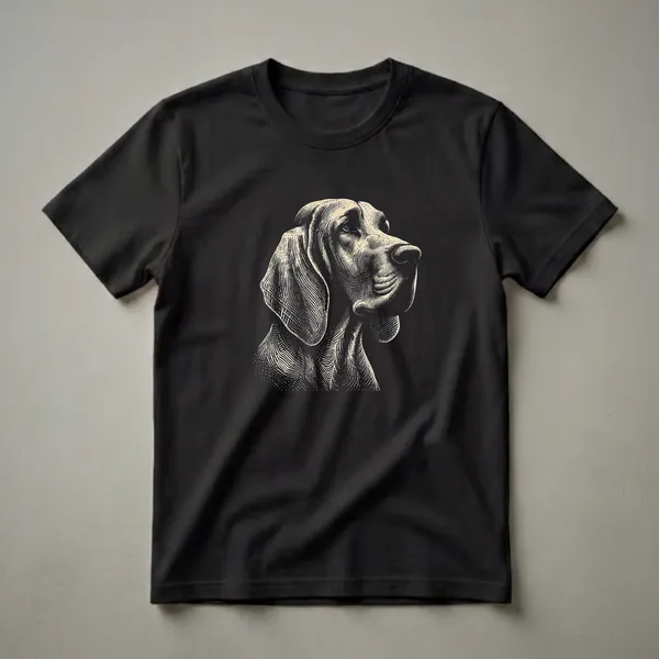 A black t-shirt featuring a vintage-style engraving of a Bracco Italiano dog's head in cream, set against a black background.