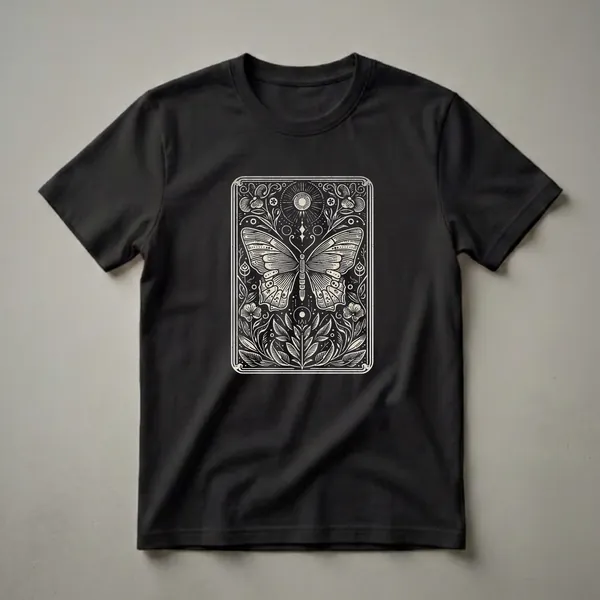 Black t-shirt with a cream-colored linocut-style graphic of a butterfly surrounded by flowers, leaves, and a sun motif within a decorative border.