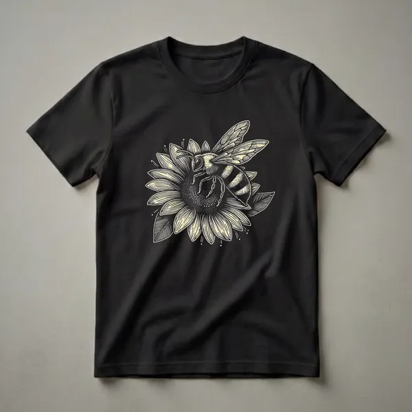 Black t-shirt with a linocut-style graphic of a bee on a sunflower, rendered in cream and black linework.