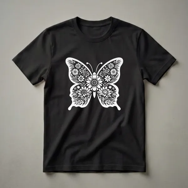White graphic of a butterfly filled with detailed floral patterns, including daisies and leaves, on a black t-shirt.
