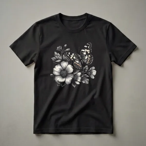 Black t-shirt with a vintage-style illustration of a butterfly with orange and black wings resting on white flowers and leaves.