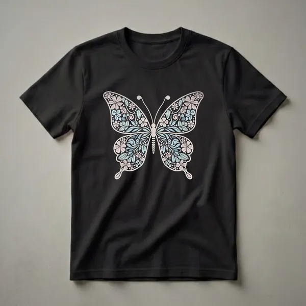 Black t-shirt featuring a stylized butterfly graphic filled with pastel pink and blue flowers and green leaves, outlined in a light cream color.