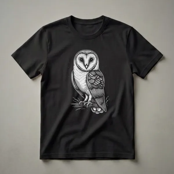 Black t-shirt with a white linocut illustration of a barn owl perched on a branch, set against a black background with small white dots resembling stars.