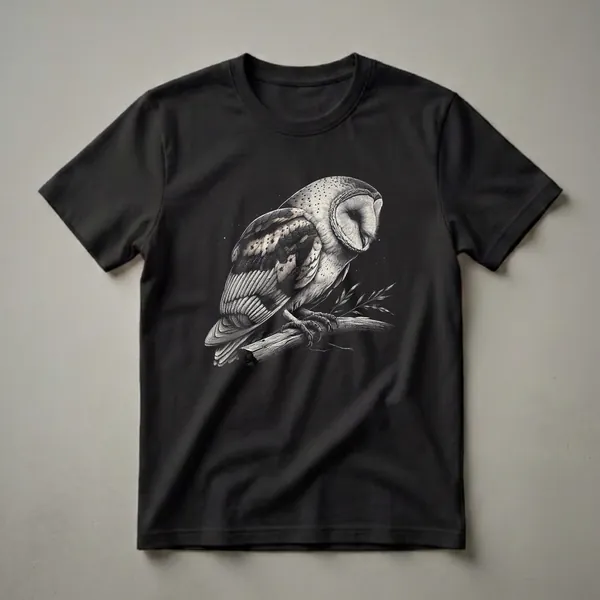 Black t-shirt featuring a vintage-style engraving of a barn owl with detailed feathers and talons, perched on a branch against a black background with subtle starry accents.