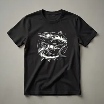 Barracuda Fish Yin-Yang Graphic T-Shirt for Anglers and Fishermen