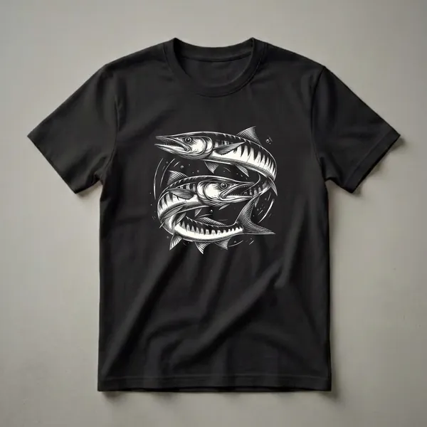 Black t-shirt with a white graphic design of two barracuda fish swimming in a circular pattern, surrounded by bubbles and water lines.