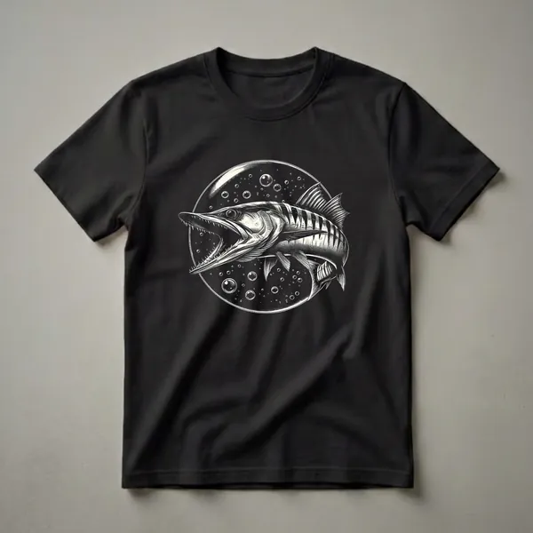 Black and white graphic t-shirt featuring a vintage barracuda fish with its mouth open, surrounded by bubbles within a circular frame, on a black background.