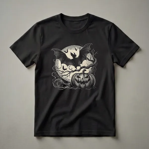 Black graphic t-shirt with a vintage linocut design of a bat flying in front of a full moon, with a carved jack-o'-lantern and bare branches below.
