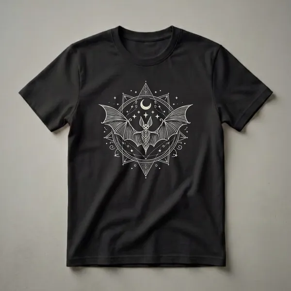 Black t-shirt with a cream-colored graphic design of a bat within a geometric mandala, featuring a crescent moon and stars.