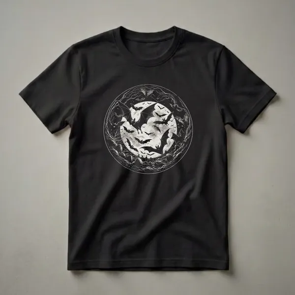 Black and white graphic t-shirt featuring a circular design of bats flying around a full moon, with silhouetted trees and rocky ground.