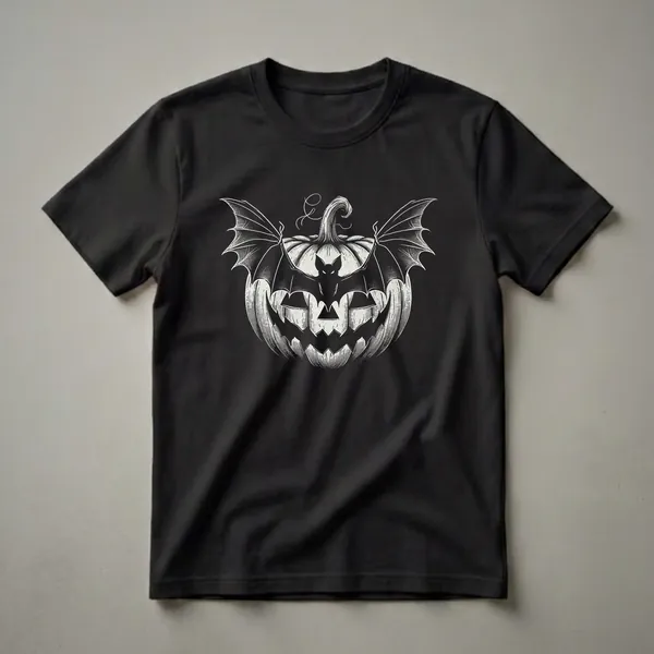Black t-shirt with a white, scratchboard-style illustration of a jack-o'-lantern with bat wings and a bat silhouette in front.