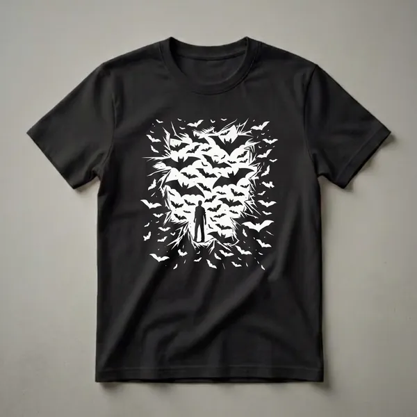 Black t-shirt with a white graphic design of a person standing in the center of a swirling vortex of bats, with sharp, abstract lines radiating outwards.