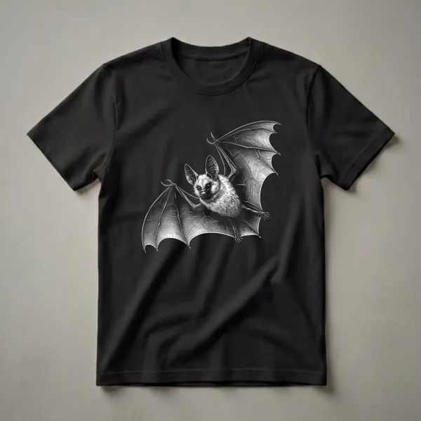 Black and white graphic art t-shirt featuring a detailed illustration of a bat with outstretched wings in flight against a black background.