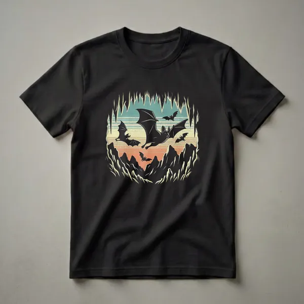Black bat silhouettes flying in a cave scene with a retro striped sunset background, printed on a black t-shirt.