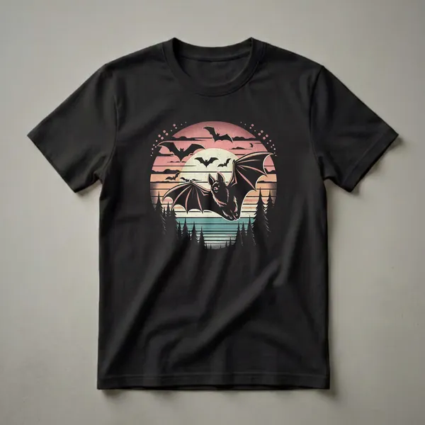 Black graphic t-shirt featuring a large bat in flight against a retro sunset with pink, orange, and teal stripes, silhouetted pine trees below, and smaller bats in the sky.
