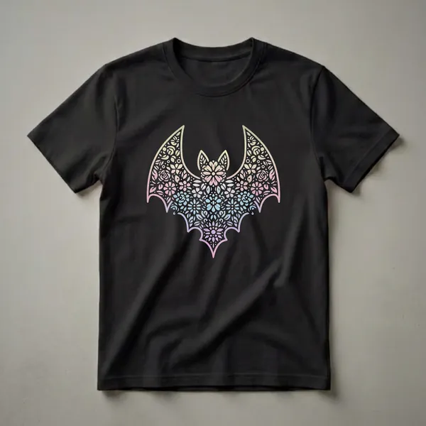 Black t-shirt featuring a bat silhouette filled with intricate floral mandala patterns in a pastel yellow, pink, and blue gradient.