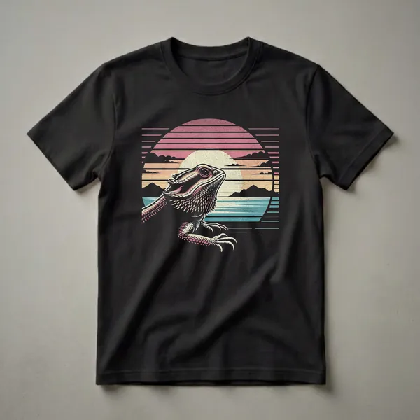 Black t-shirt featuring a retro sunset design with a bearded dragon in profile, stylized mountains, water, and a striped sunset sky.