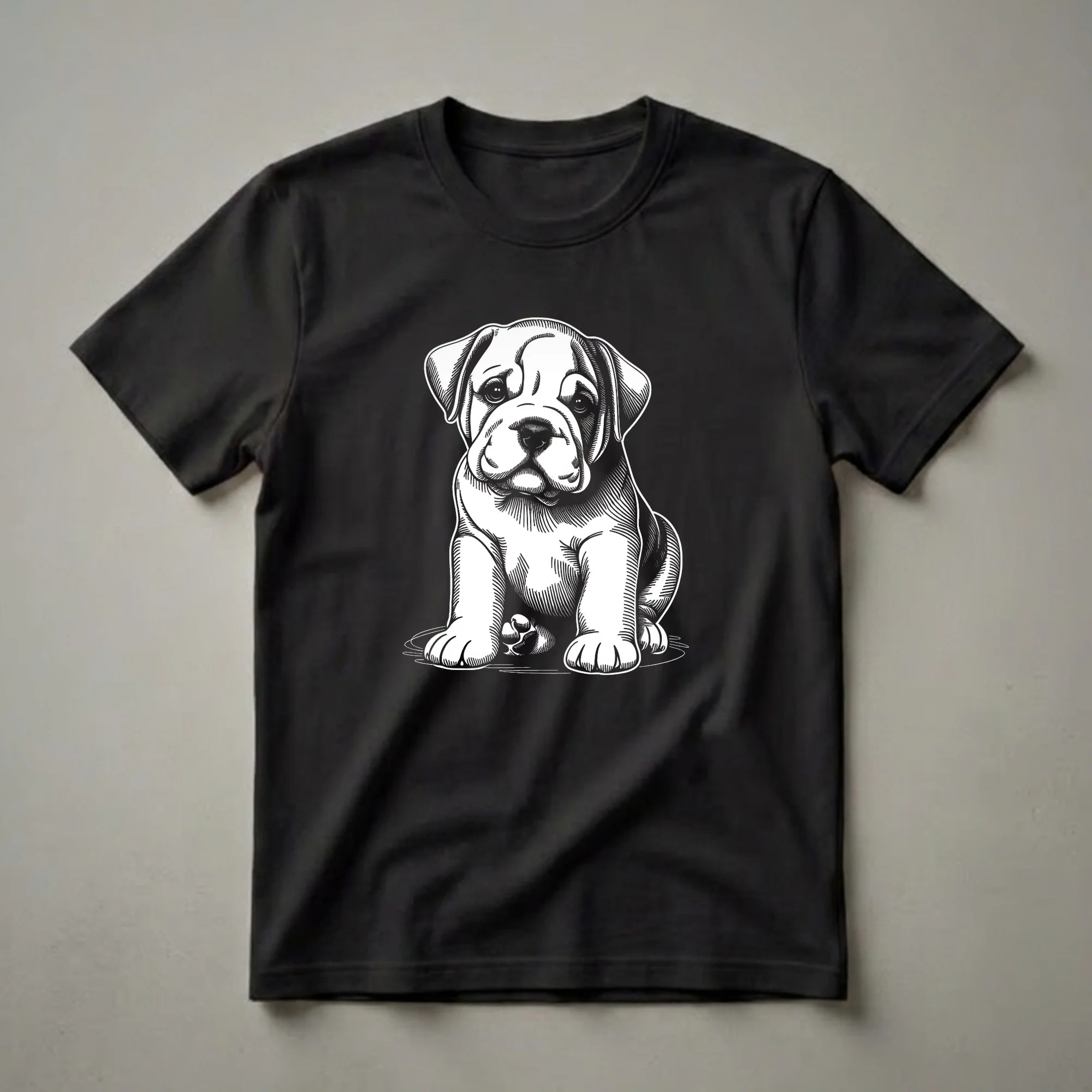 Black and white woodcut-style graphic art t-shirt featuring a sitting Beabull puppy with expressive eyes and wrinkled face, on a black background.
