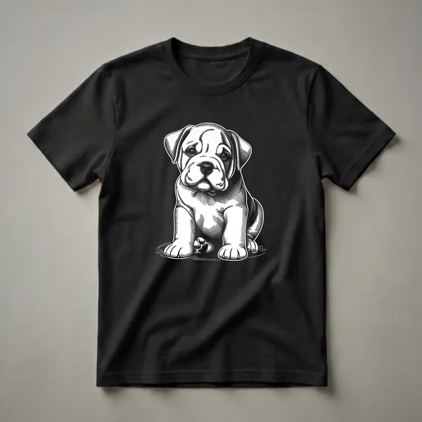 Black and white woodcut-style graphic art t-shirt featuring a sitting Beabull puppy with expressive eyes and wrinkled face, on a black background.