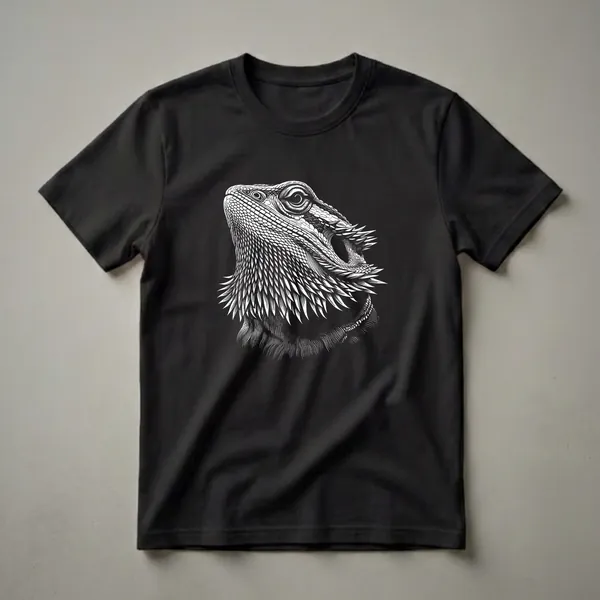 Black t-shirt featuring a white, detailed linework illustration of a bearded dragon's head, looking upwards with its mouth slightly open and frill extended.