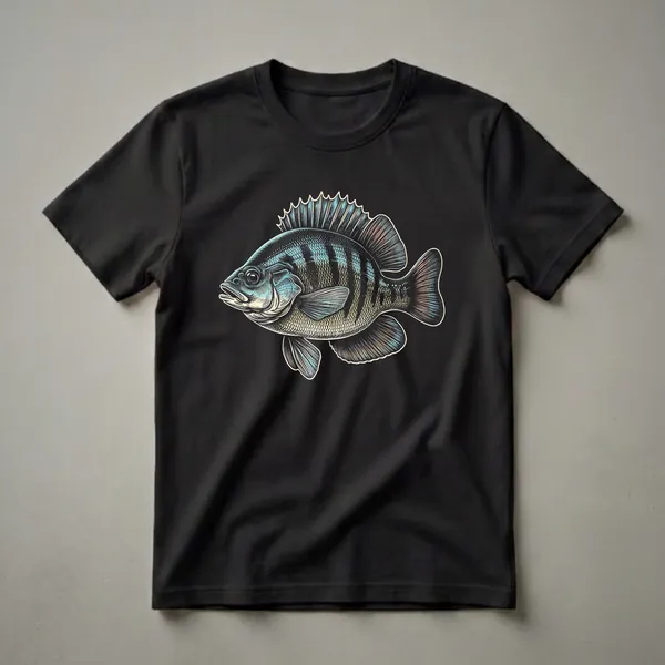 Black t-shirt featuring a detailed, vintage-style illustration of a bluegill fish with blue, green, and peach accents.