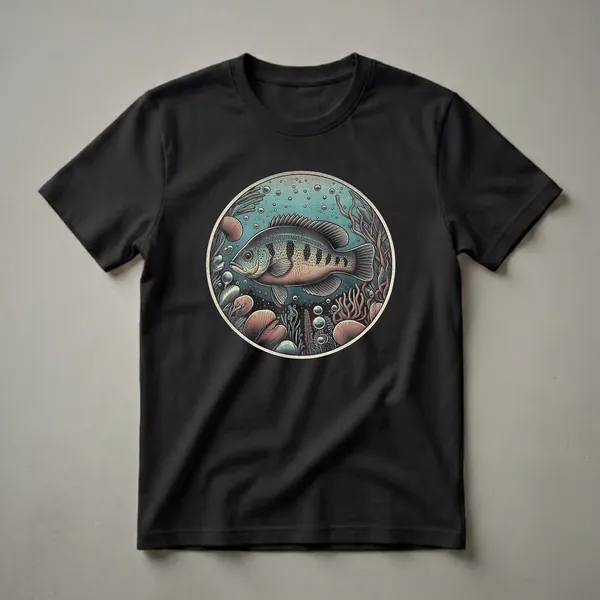 A vintage-style graphic t-shirt featuring a detailed illustration of a Bluegill fish swimming in an underwater scene with aquatic plants and bubbles, set within a circular frame.