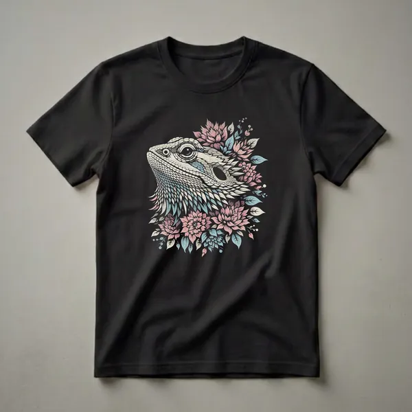 Black t-shirt featuring a detailed illustration of a bearded dragon's head surrounded by pink, blue, and cream flowers and leaves.