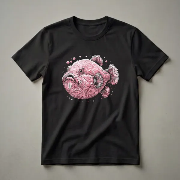 Black t-shirt featuring a pink blobfish illustration with intricate line art details and floating bubbles.