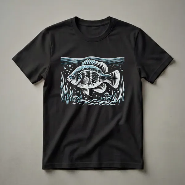 Black t-shirt featuring a bluegill fish swimming underwater with aquatic plants and bubbles, rendered in blue and white.