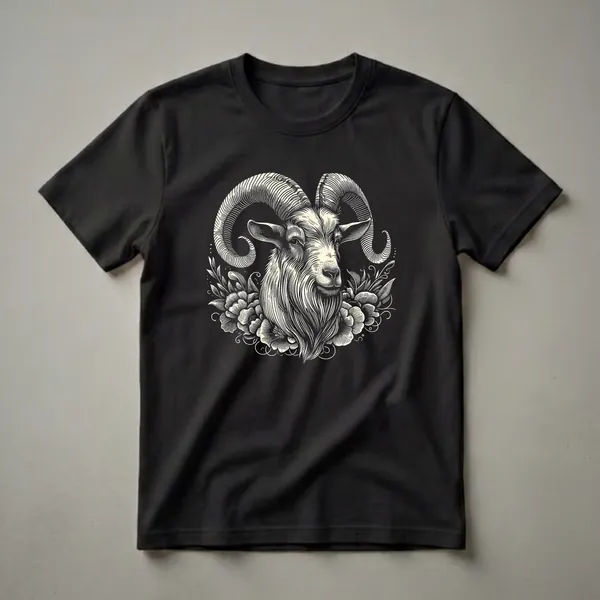 Cream-colored linocut illustration of a Boer goat's head with large horns, surrounded by flowers and leaves, on a black t-shirt.