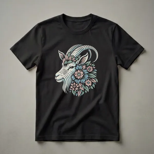 Black t-shirt featuring a stylized profile of a goat's head adorned with pastel pink, blue, and green flowers and leaves, with a textured artistic effect.