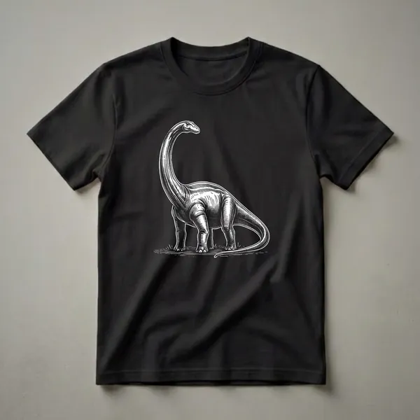 White line art illustration of a Brachiosaurus dinosaur standing on grass against a black background.
